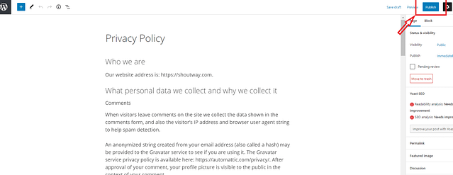 Privacy policy in WordPress