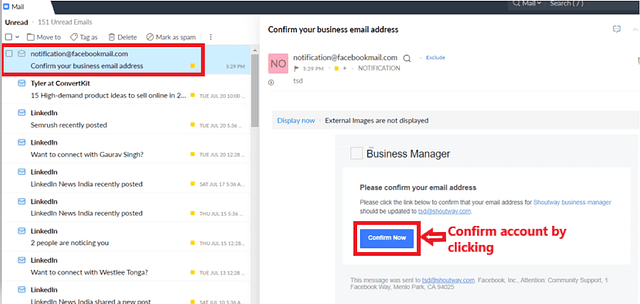 Facebook business manager account email verify